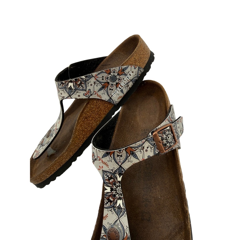 Birkenstock Brown Footbed Sandals with Cream, Black & Rust Patterned Straps - Picture 8 of 8